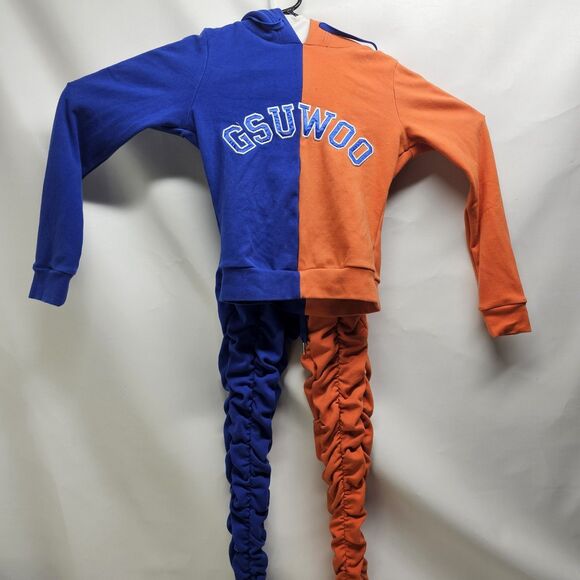 GSUWOO Orange Blue Ruched Set XS – Hoodie Joggers Streetwear Colorblock Outfit - Picture 1 of 16